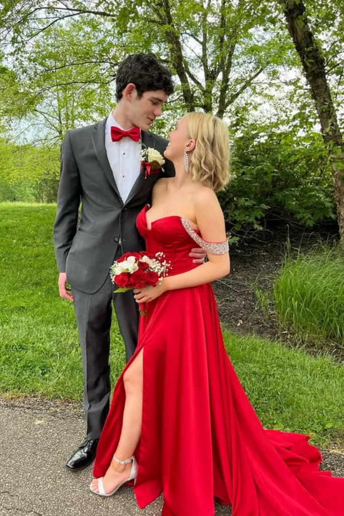 Off the Shoulder Beaded Red Satin Long Prom Dress with High Slit, Off abcprom Off the Shoulder Beaded Red Satin Long Prom Dress with High Slit, Off abcprom