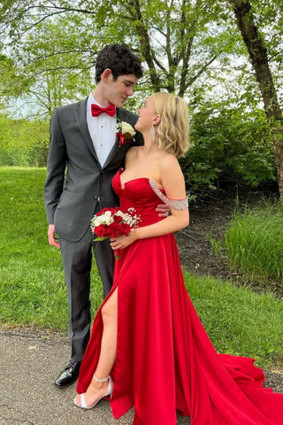 Simple Off Shoulder Pink lace Long Prom Dress with High Slit, Pink Lace Formal Dress, Long Pink Evening Dress A2258