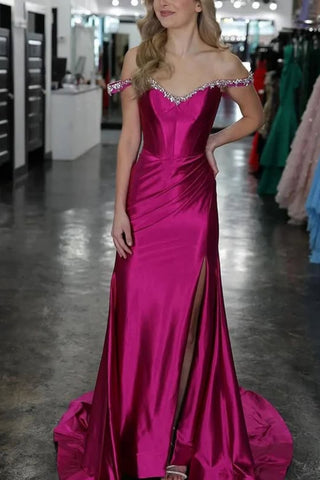 Off the Shoulder Beaded Straps Mermaid Fuchsia Satin Long Prom Dress with High Slit, Off Shoulder Fuchsia Formal Graduation Evening Dress A2294