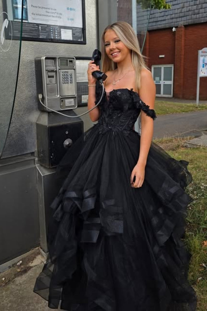 Off the Shoulder Black Lace Long Prom Dress, Black Lace Formal Dress, Black Tulle Evening Dress A2543