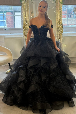 Off the Shoulder Black Lace Long Prom Dress, Black Lace Formal Evening Dress, Black Ball Gown A2531