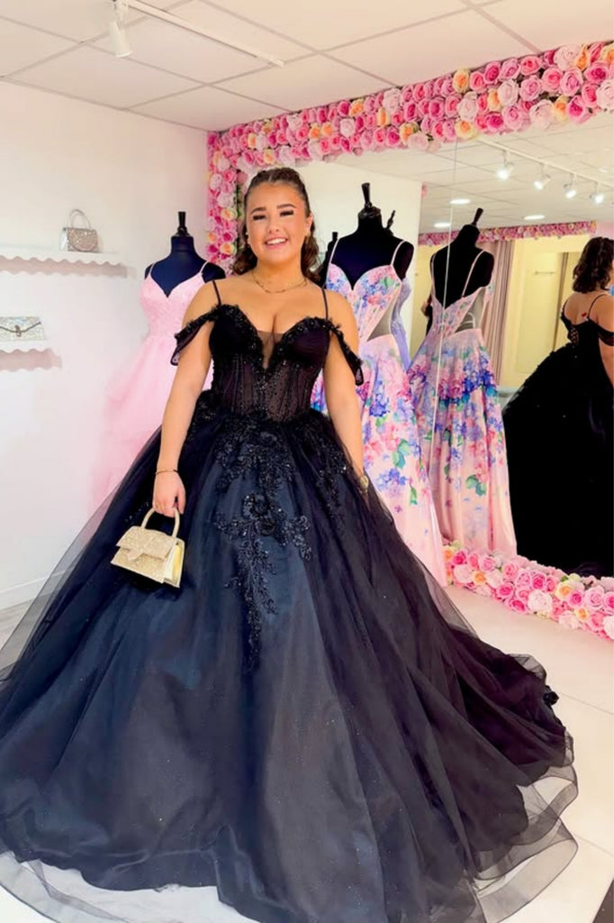 Off the Shoulder Black Lace Long Prom Dress, Black Lace Formal Evening Dress, Off Shoulder Ball Gown A2347