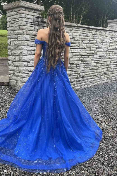 Off the Shoulder Blue Lace Long Prom Dress, Blue Lace Formal Dress, Off Shoulder Blue Evening Dress A2288