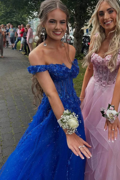 Off the Shoulder Blue Lace Long Prom Dress, Blue Lace Formal Dress, Off Shoulder Blue Evening Dress A2288
