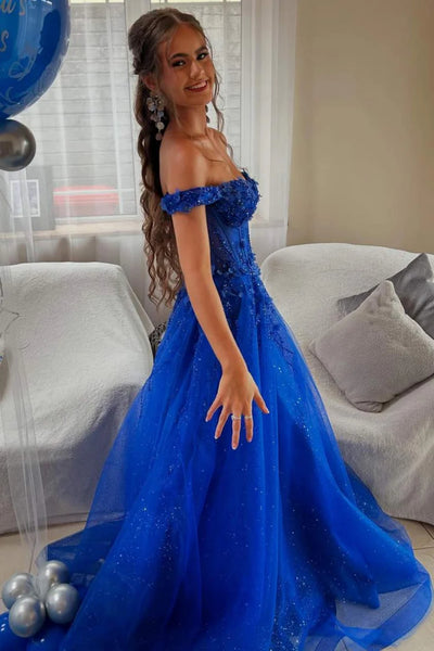 Off the Shoulder Blue Lace Long Prom Dress, Blue Lace Formal Dress, Off Shoulder Blue Evening Dress A2288
