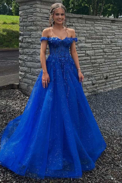 Off the Shoulder Blue Lace Long Prom Dress, Blue Lace Formal Dress, Off Shoulder Blue Evening Dress A2288