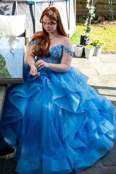 Off the Shoulder Blue Lace Long Prom Dress, Off Shoulder Blue Formal Dress, Blue Lace Evening Dress A2612