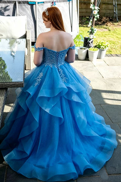 Off the Shoulder Blue Lace Long Prom Dress, Off Shoulder Blue Formal Dress, Blue Lace Evening Dress A2612