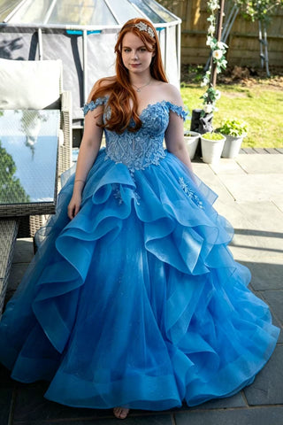 Off the Shoulder Blue Lace Long Prom Dress, Off Shoulder Blue Formal Dress, Blue Lace Evening Dress A2612