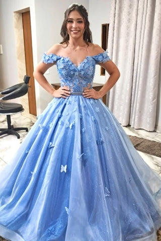 Off the Shoulder Blue Lace Long Prom Dress with Bow, Blue Lace Formal Dress, Off Shoulder Evening Dress A2603