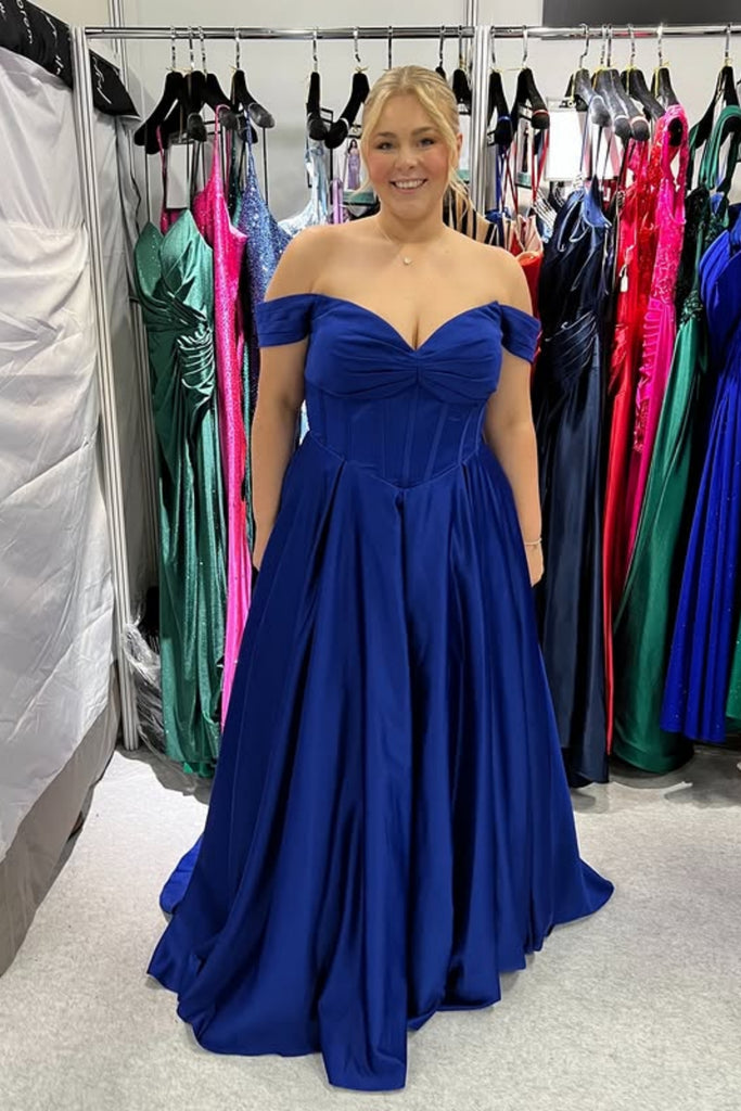 Off the Shoulder Blue Satin Long Prom Dress, Off Shoulder Blue Formal Dress, Blue Evening Dress A2311