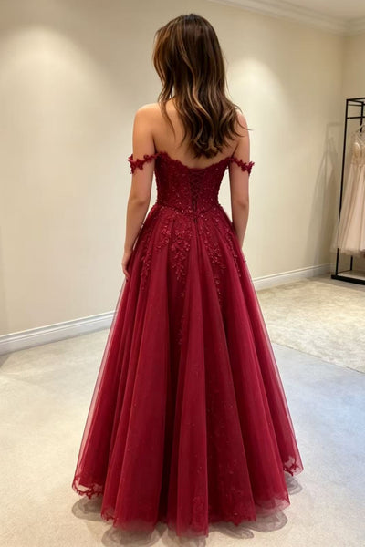 Off the Shoulder Burgundy Lace Long Prom Dress, Burgundy Lace Formal Dress, Off Shoulder Burgundy Evening Dress A2623