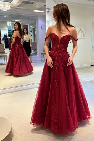 Off the Shoulder Burgundy Lace Long Prom Dress, Burgundy Lace Formal Dress, Off Shoulder Burgundy Evening Dress A2623