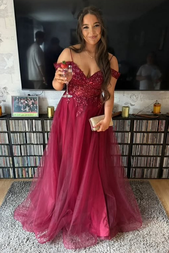 Off the Shoulder Burgundy Lace Long Prom Dress, Off Shoulder Burgundy Formal Dress, Burgundy Evening Dress A2281