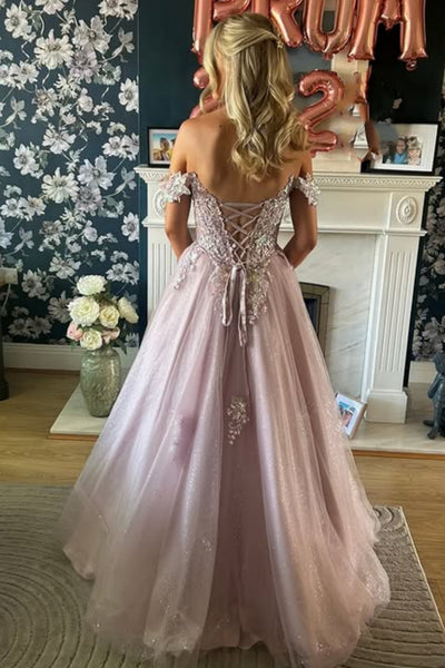Off the Shoulder Dusty Pink Lace Long Prom Dress, Dusty Pink Lace Formal Graduation Evening Dress A2551
