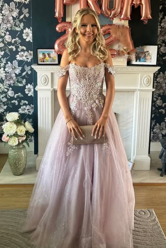 Off the Shoulder Dusty Pink Lace Long Prom Dress, Dusty Pink Lace Formal Graduation Evening Dress A2551