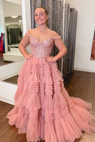Off the Shoulder Dusty Pink Lace Long Prom Dress, Off Shoulder Dusty Pink Formal Dress, Dusty Pink Lace Evening Dress A2320