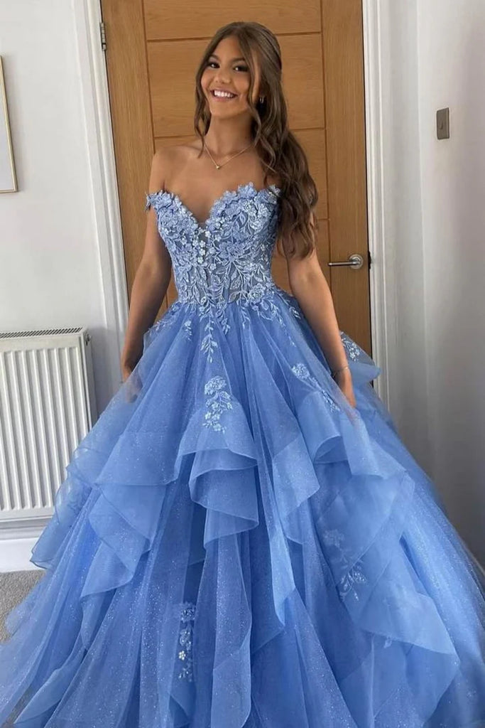 Off the Shoulder Fluffy Blue Lace Long Prom Dress, Blue Lace Formal Dr abcprom Off the Shoulder Fluffy Blue Lace Long Prom Dress, Blue Lace Formal Dr abcprom