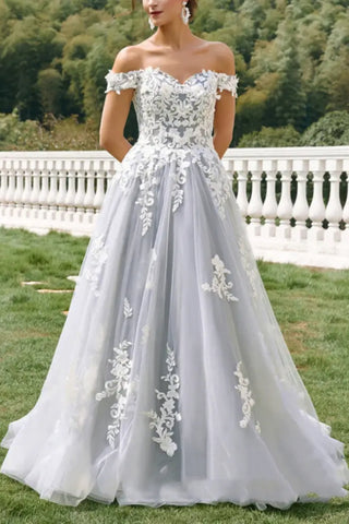 Off the Shoulder Gray Tulle Long Prom Dress with White Appliques, Gray Lace Formal Dress, Gray Evening Dress A2470