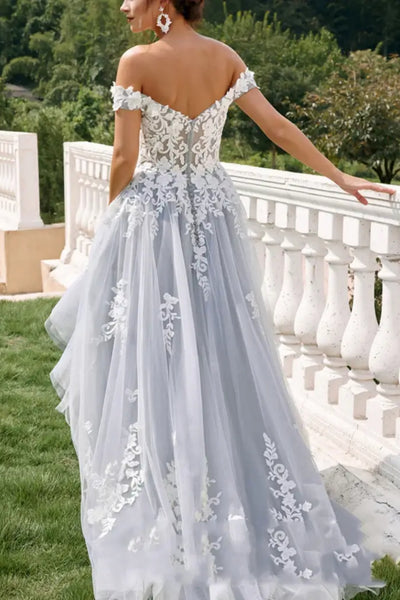 Off the Shoulder Gray Tulle Long Prom Dress with White Appliques, Gray Lace Formal Dress, Gray Evening Dress A2470