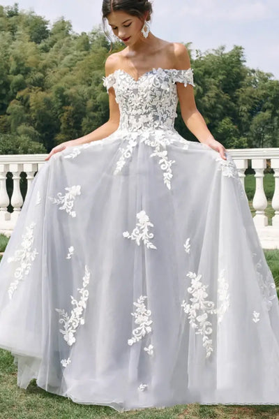 Off the Shoulder Gray Tulle Long Prom Dress with White Appliques, Gray Lace Formal Dress, Gray Evening Dress A2470