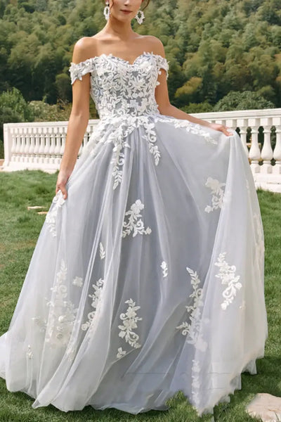 Off the Shoulder Gray Tulle Long Prom Dress with White Appliques, Gray Lace Formal Dress, Gray Evening Dress A2470