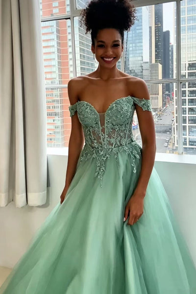 Off the Shoulder Green Lace Long Prom Dress, Green Lace Formal Dress, Green Tulle Evening Dress A2594