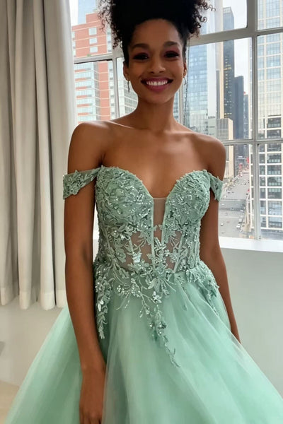 Off the Shoulder Green Lace Long Prom Dress, Green Lace Formal Dress, Green Tulle Evening Dress A2594
