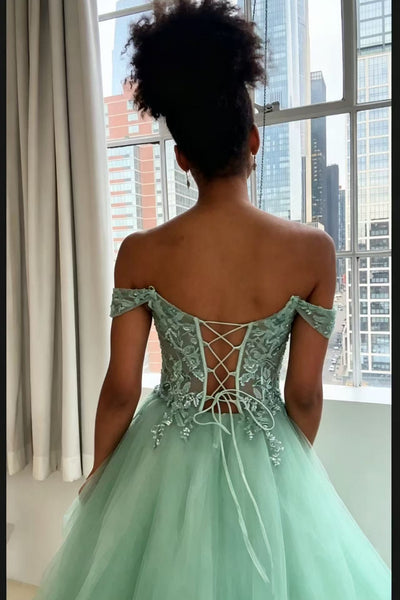 Off the Shoulder Green Lace Long Prom Dress, Green Lace Formal Dress, Green Tulle Evening Dress A2594