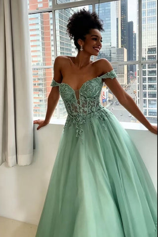 Off the Shoulder Green Lace Long Prom Dress, Green Lace Formal Dress, Green Tulle Evening Dress A2594