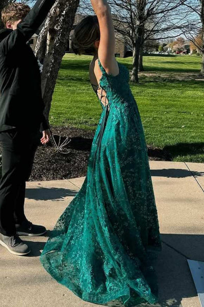Off the Shoulder Green Lace Long Prom Dress with High Slit, Off Shoulder Green Formal Dress, Green Lace Evening Dress A2397
