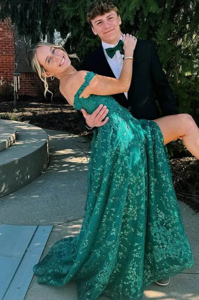 Off the Shoulder Green Lace Long Prom Dress with High Slit, Off Should abcprom Off the Shoulder Green Lace Long Prom Dress with High Slit, Off Should abcprom
