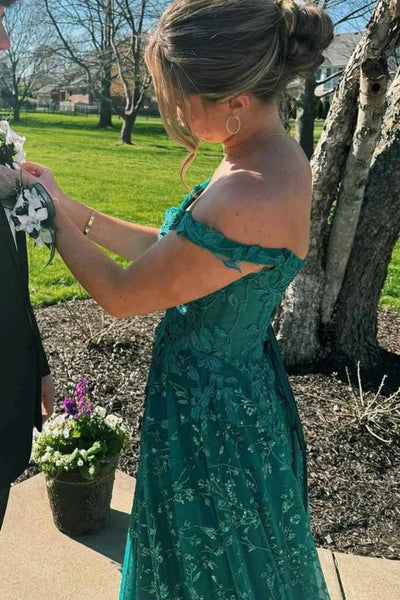 Off the Shoulder Green Lace Long Prom Dress with High Slit, Off Shoulder Green Formal Dress, Green Lace Evening Dress A2397