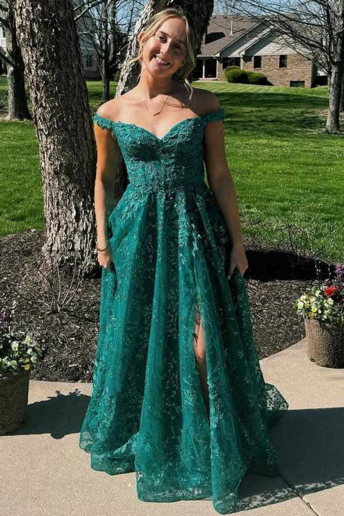 Off the Shoulder Green Lace Long Prom Dress with High Slit, Off Should abcprom Off the Shoulder Green Lace Long Prom Dress with High Slit, Off Should abcprom