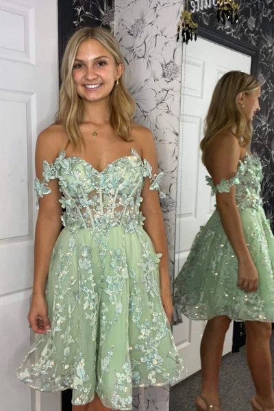 Off the Shoulder Green Lace Prom Dress, Short Green Lace Homecoming Dress, Off Shoulder Green Formal Graduation Evening Dress A1957