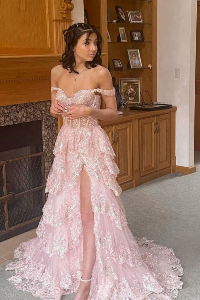 Off the Shoulder High Slit Pink Lace Long Prom Dress with Train, Off t abcprom Off the Shoulder High Slit Pink Lace Long Prom Dress with Train, Off t abcprom