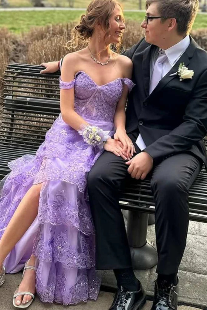 purple layered prom dress Zapaka Women Purple Tulle A-Line Tiered Long Prom Dress with Slit Spaghetti Straps Cut Out Formal Dress, Purple / US8