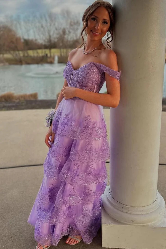 Off the Shoulder Layered Lilac Lace Long Prom Dress with High Slit, Li abcprom Off the Shoulder Layered Lilac Lace Long Prom Dress with High Slit, Li abcprom