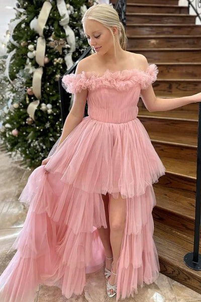 Off the Shoulder Layered Pink Tulle Long Prom Dress with High Slit, Off Shoulder Pink Formal Evening Dress A2415