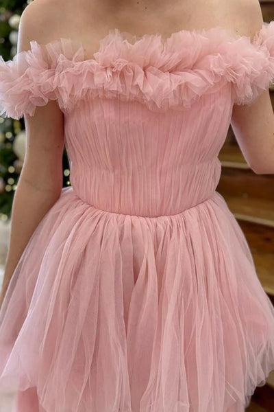 Off the Shoulder Layered Pink Tulle Long Prom Dress with High Slit, Off Shoulder Pink Formal Evening Dress A2415