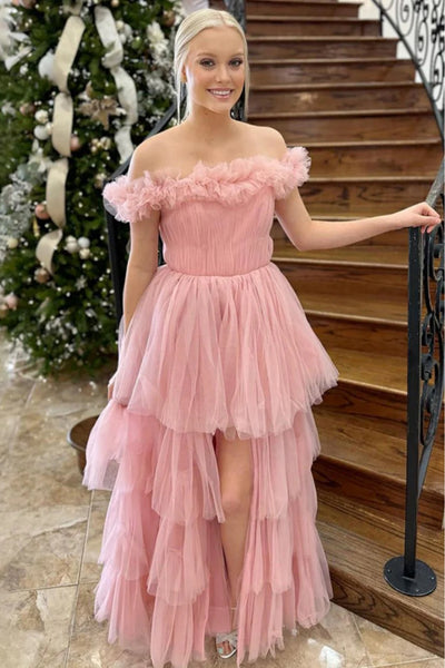 Off the Shoulder Layered Pink Tulle Long Prom Dress with High Slit, Off Shoulder Pink Formal Evening Dress A2415