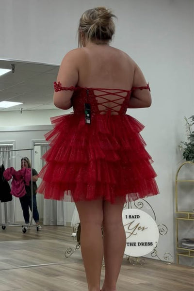 Off the Shoulder Layered Red Lace Short Prom Dresses, Red Lace Homecoming Dress, Red Formal Evening Dress A2466