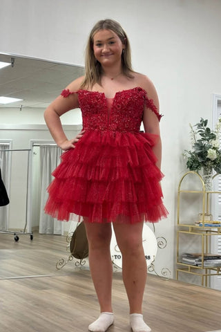 Off the Shoulder Layered Red Lace Short Prom Dresses, Red Lace Homecoming Dress, Red Formal Evening Dress A2466