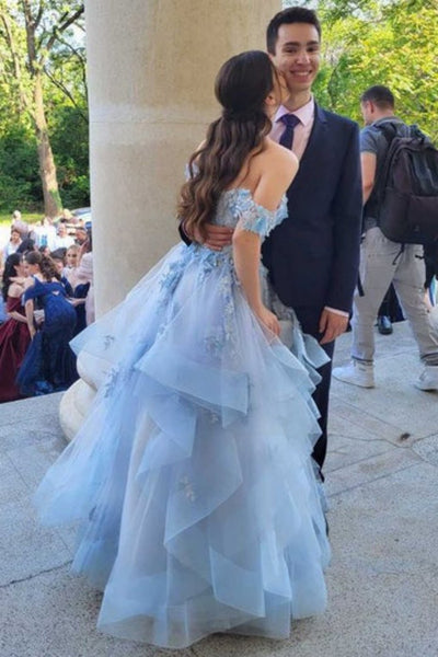Off the Shoulder Light Blue Lace Long Prom Dress, Light Blue Lace Formal Dress, Light Blue Tulle Evening Dress A2285