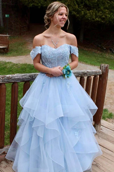 Off the Shoulder Light Blue Lace Long Prom Dress, Light Blue Lace Formal Dress, Light Blue Tulle Evening Dress A2285