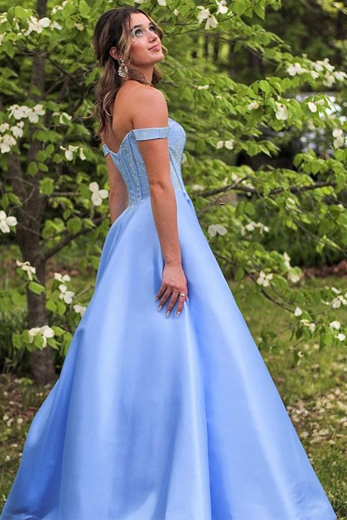 Off the Shoulder Light Blue Satin Long Prom Dress, Off Shoulder Formal