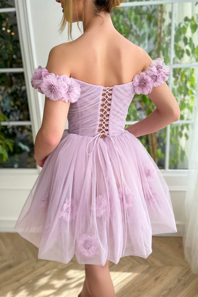 Off the Shoulder Lilac Floral Prom Dress, Off Shoulder Lilac Homecoming Dress, Lilac Floral Formal Graduation Evening Dress A1901