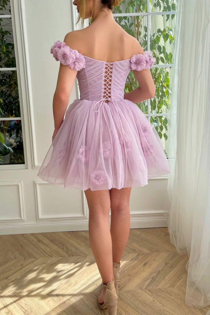 Off the Shoulder Lilac Floral Prom Dress, Off Shoulder Lilac Homecomin