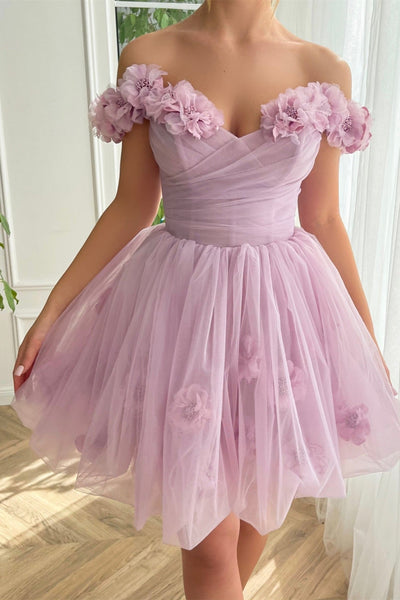 Off the Shoulder Lilac Floral Prom Dress, Off Shoulder Lilac Homecoming Dress, Lilac Floral Formal Graduation Evening Dress A1901