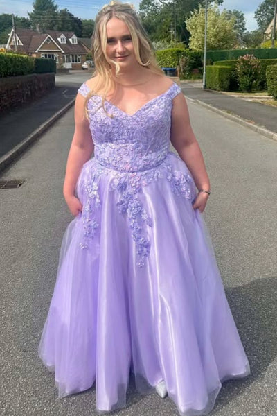 Off the Shoulder Lilac Lace Long Prom Dress, Lilac Lace Formal Dress, Off Shoulder Lilac Evening Dress A2546